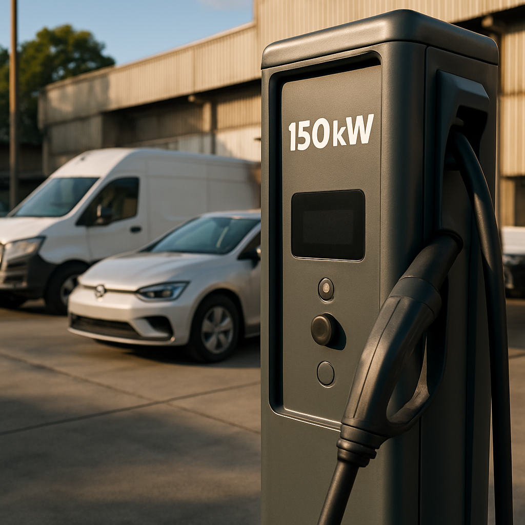 Carregador 150kW instalado em empresa reduzindo custos operacionais com recarga rápida