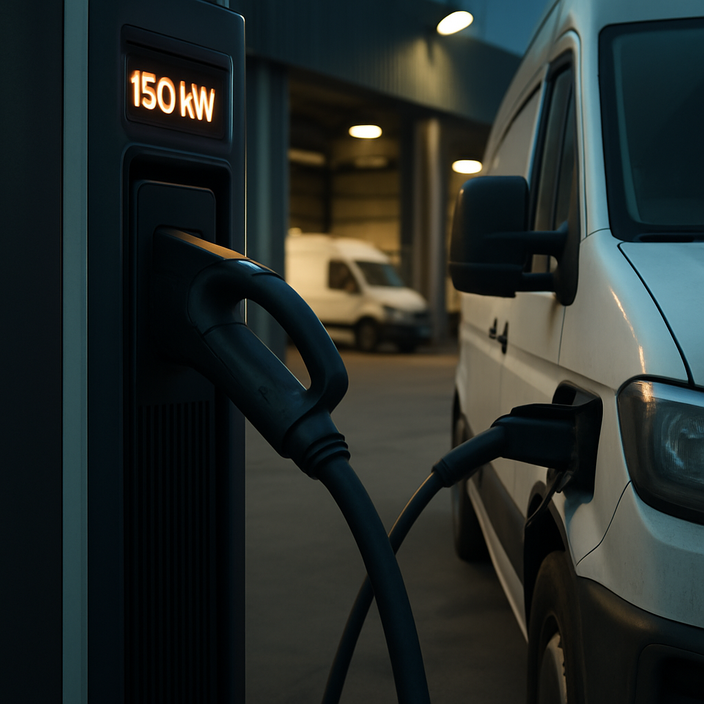 Carregador 150kW em estacionamento empresarial com veículo elétrico conectado, ilustrando infraestrutura EV B2B