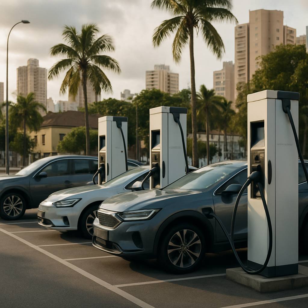Carregador 150kW em estação de recarga rápida DC no Brasil, com veículo elétrico conectado