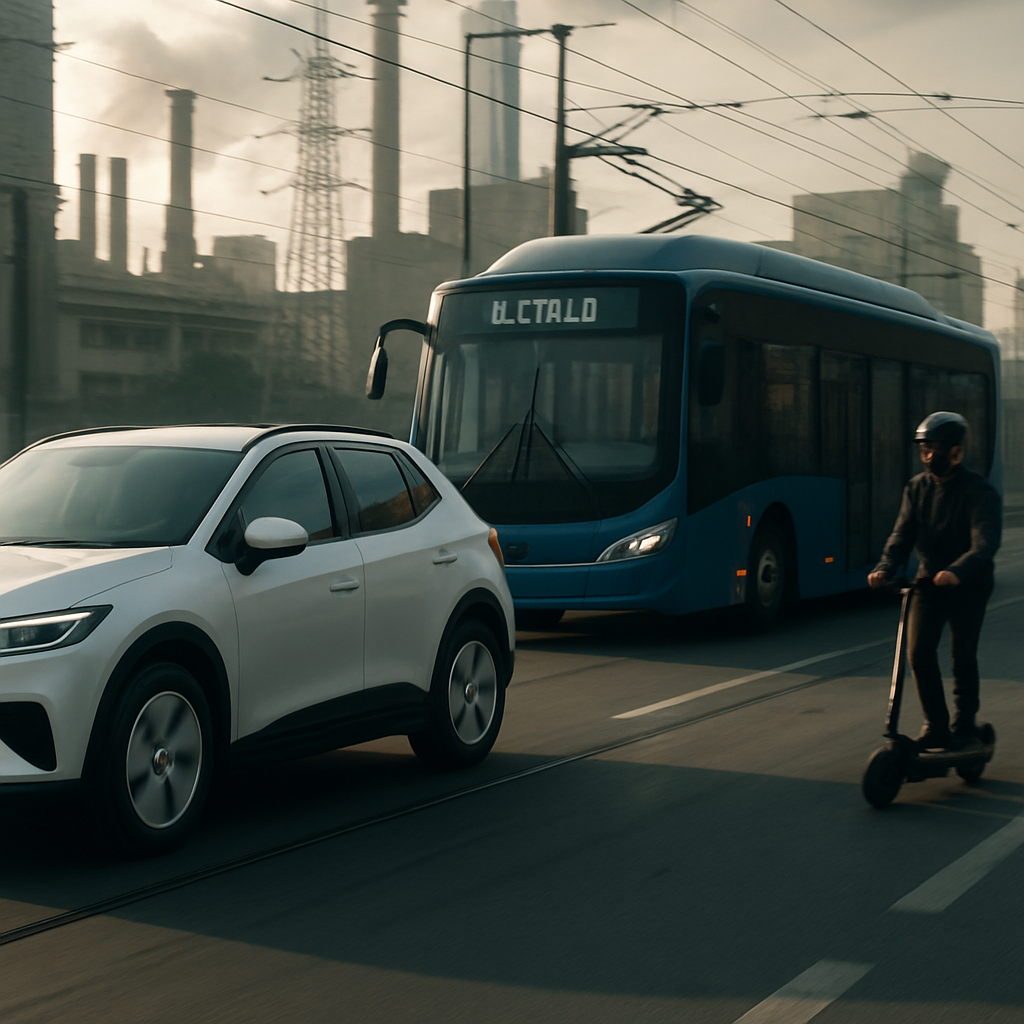 Infográfico sobre eletromobilidade no Brasil: carro elétrico conectado a eletroposto em ambiente urbano