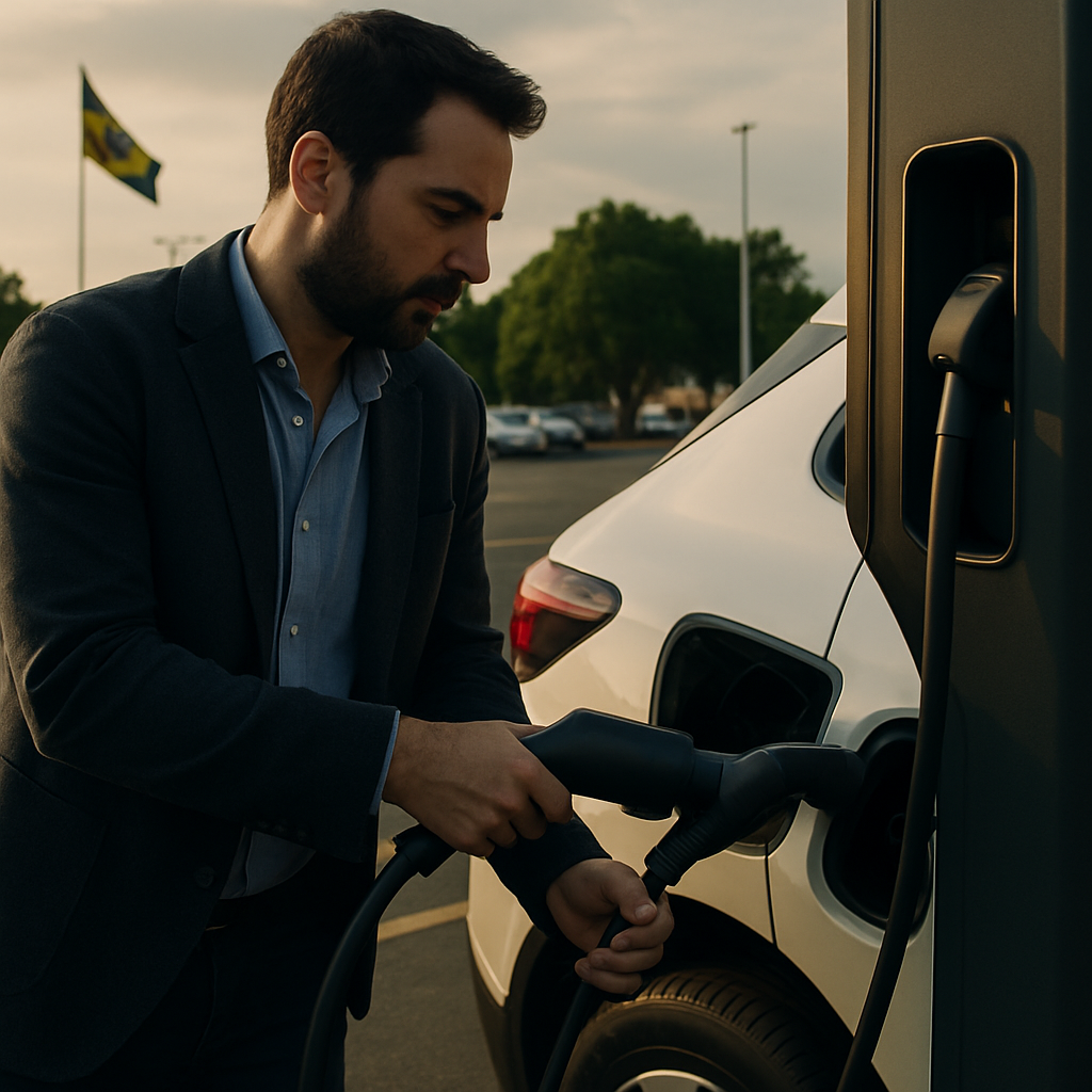 Motorista conectando o conector em uma estação de recarga para carro elétrico, com luz verde indicando início da carga